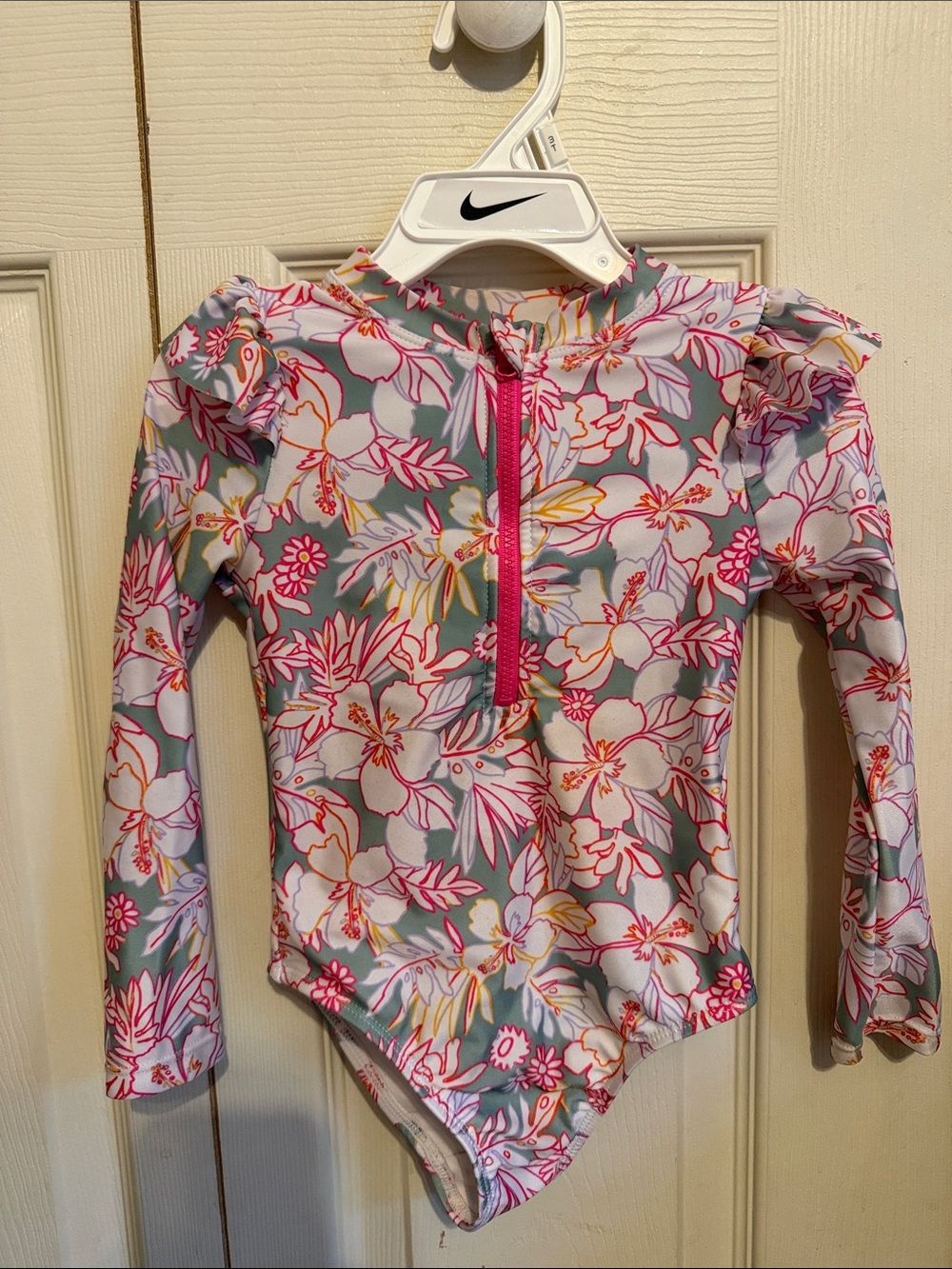 Wonder Nation Girls' Floral Long-Sleeve One-Piece Swimsuit - Pink, Gray, Yellow